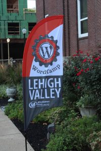 WordCamp Lehigh Valley banner near the building's entrance