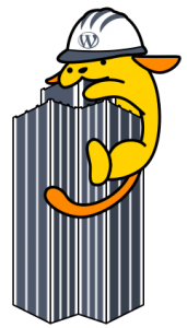 WordPress mascot Wapuu wearing a hard hat and holding onto Martin Tower